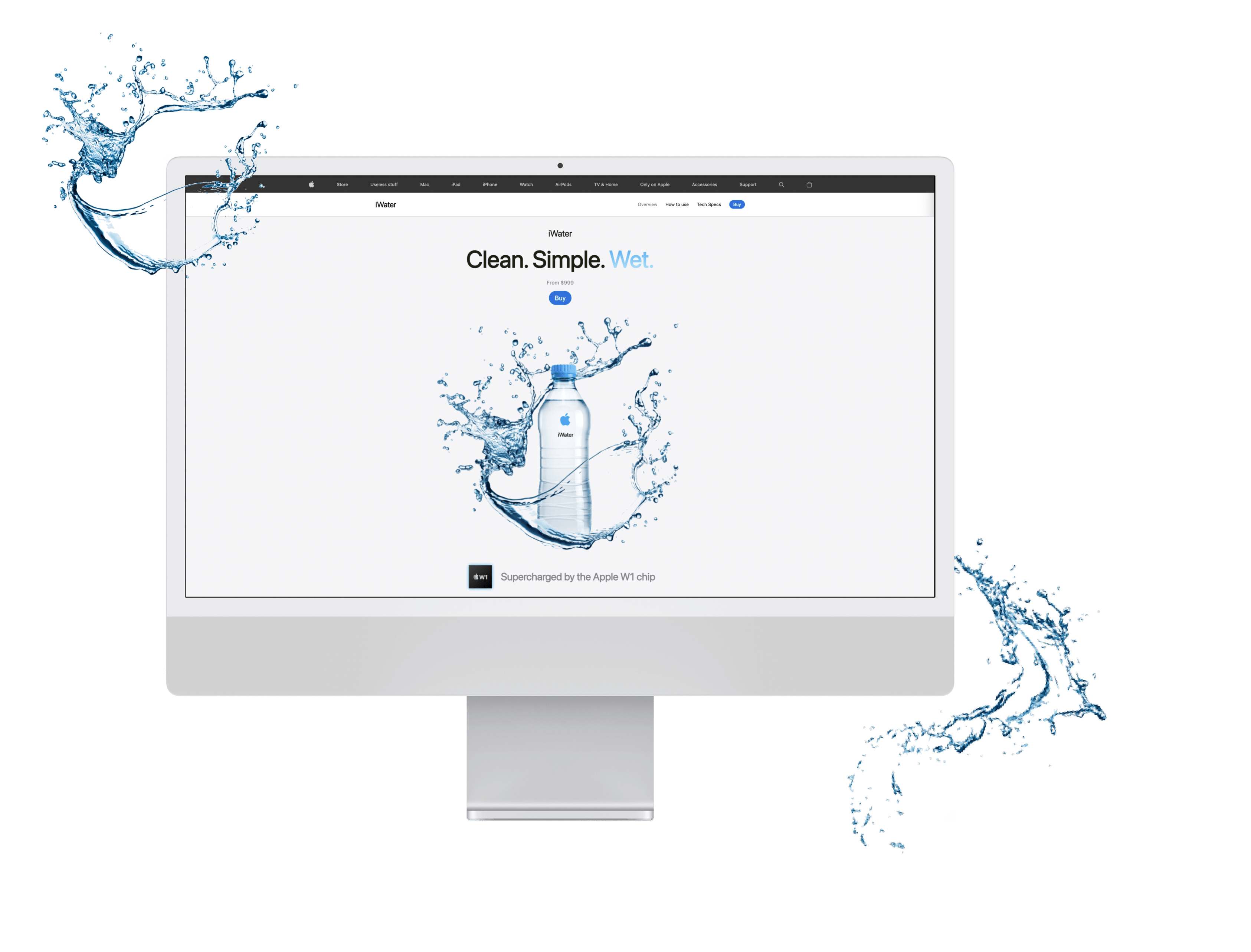 an iMac displaying the iWater website with water drops on the side